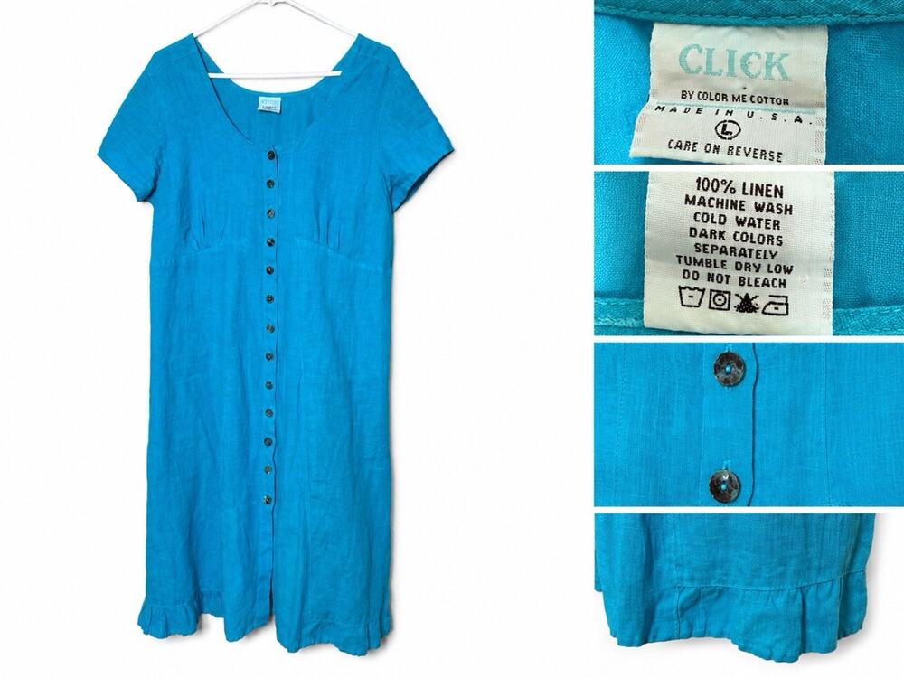 Click by Color Me Cotton 100% Linen Turquoise Button Front Midi Dress L Ruffle